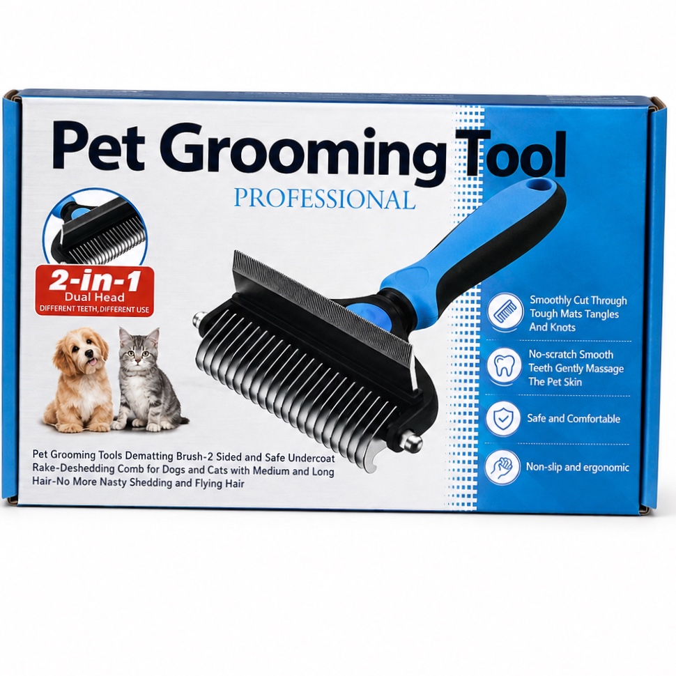 2-in-1 Pet Grooming Tool – Dual Head Dematting & Deshedding Brush for Dogs & Cats